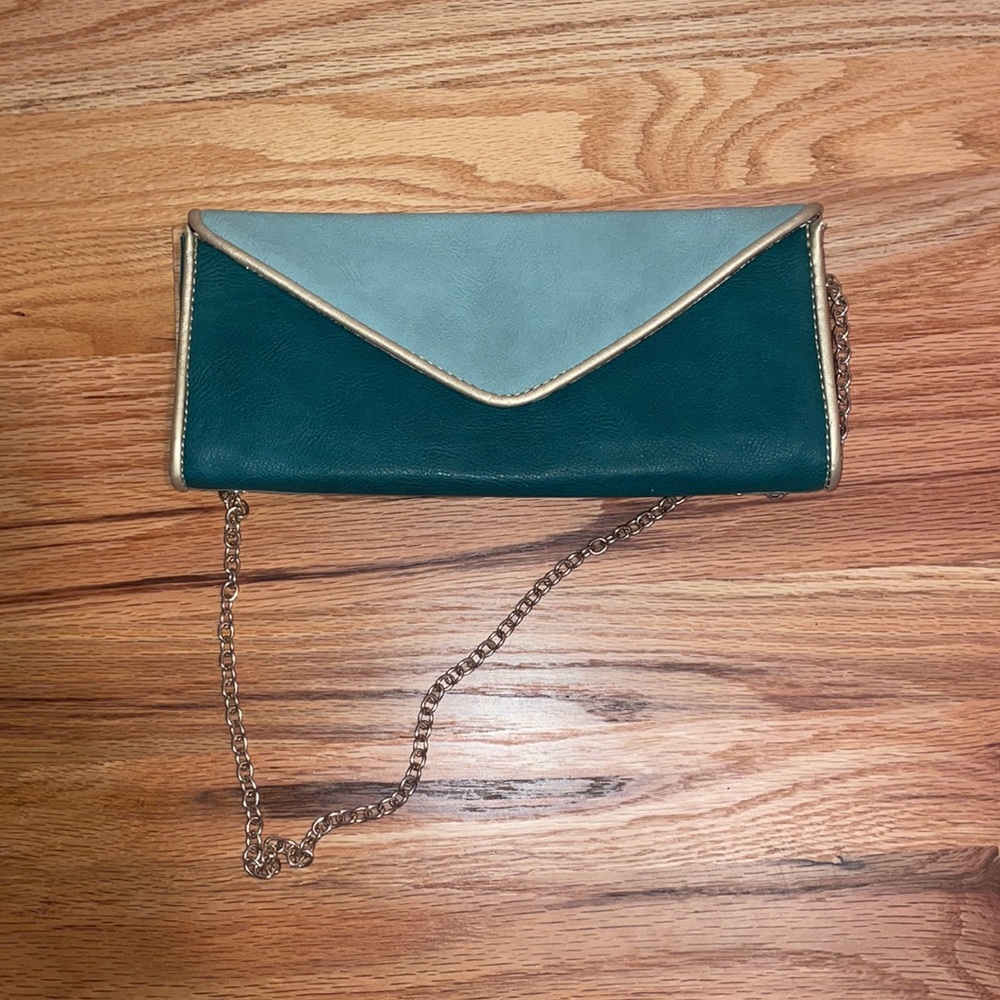 Two tone Green clutch with gold handle